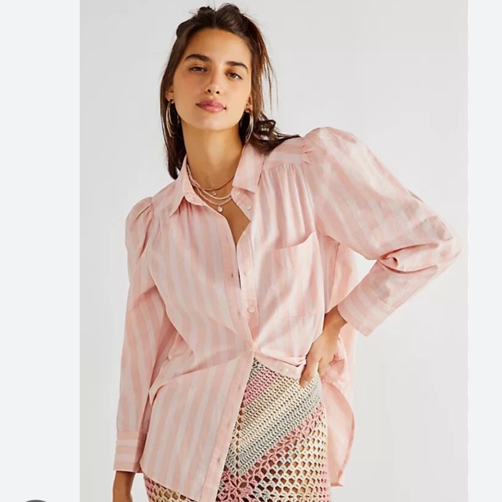 Free People Elisha Printed Oxford Stripe Slouchy Shirt Top Pink size medium